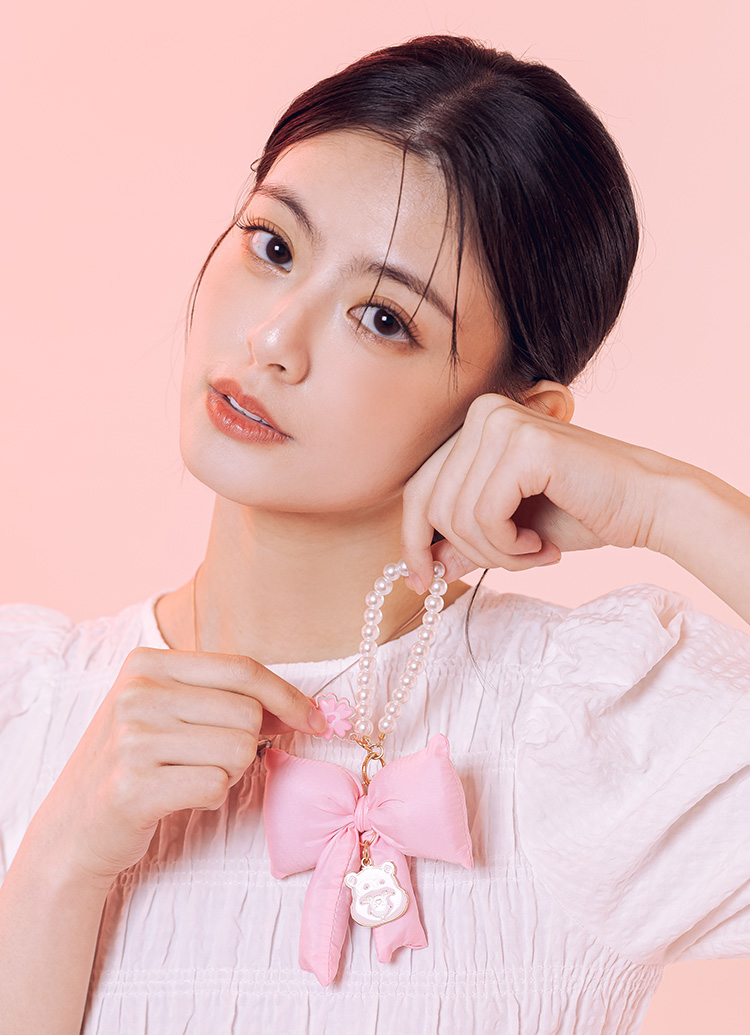 GraceGift CareBears聯名 櫻花熊 櫻花季限定 櫻花小熊蝴蝶結珍珠手機鍊 粉紅