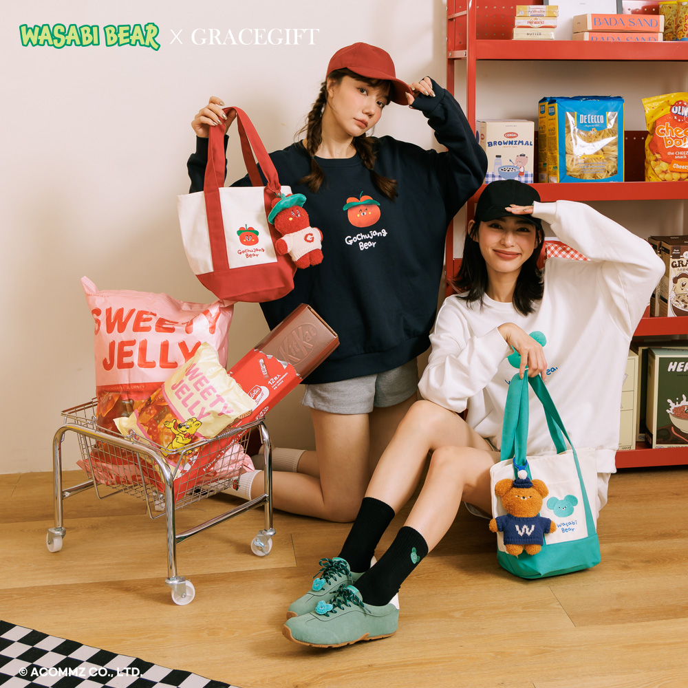 GraceGift Wasabi Bear聯名 辣椒醬熊 撞色口袋肩背帆布包 正紅色