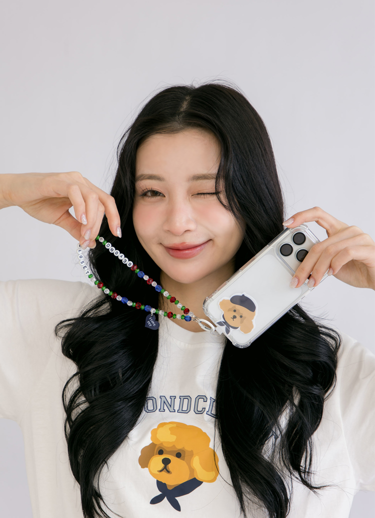韓國Beyond Closet Y2K串珠貝雷帽貴賓狗手機掛繩，搭配彩色串珠與造型手機墊片
