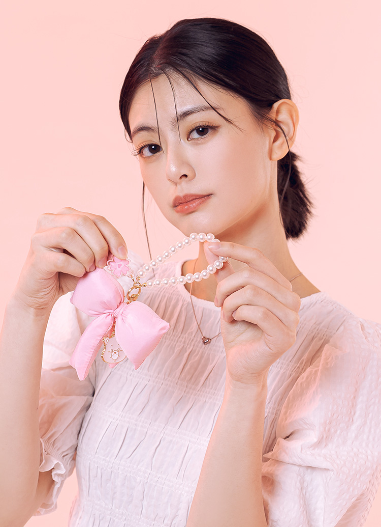 GraceGift CareBears聯名 櫻花熊 櫻花季限定 櫻花小熊蝴蝶結珍珠手機鍊 粉紅