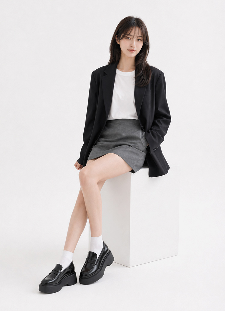 GraceGift平價女鞋 摩登比例 內增高 輕量厚底 樂福鞋 黑
