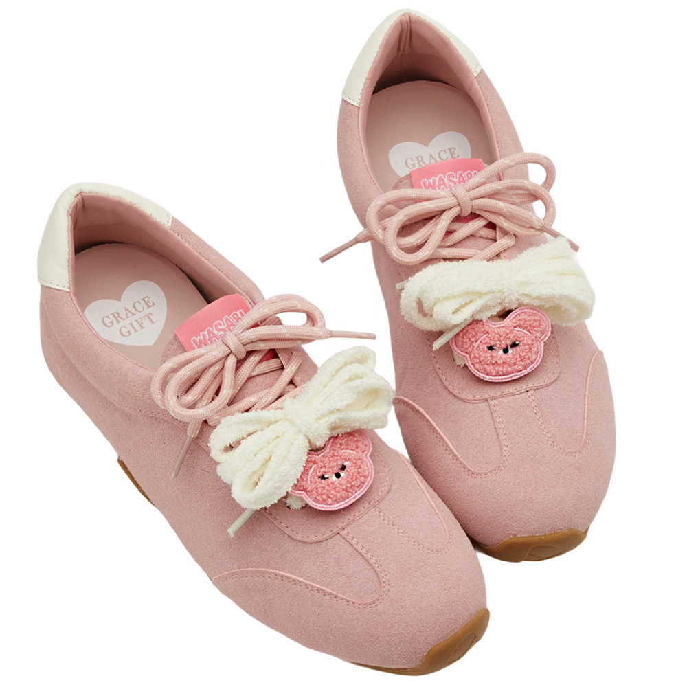 Grace Gift 平價女鞋 Wasabi Bear 聯名 粉芥末熊 休閒運動鞋 粉紅色 穿搭實拍