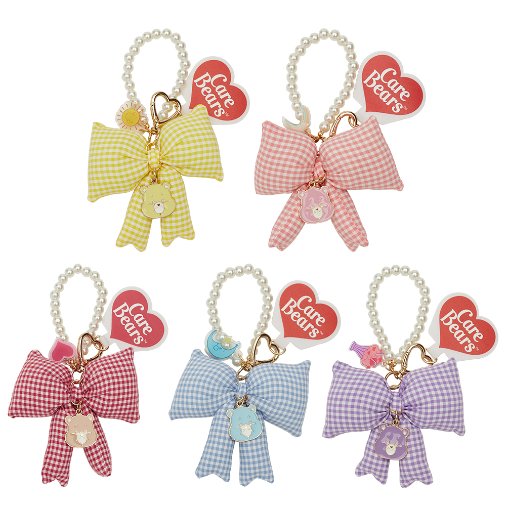 GraceGift CareBears聯名 樂觀小熊 Ribbon系列 格紋蝴蝶結珍珠手機鍊 黃