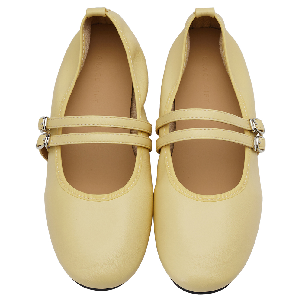 GraceGift平價女鞋 時尚秀場 圓頭 奶油雲朵極軟加厚乳膠芭蕾瑪莉珍鞋 淺黃色