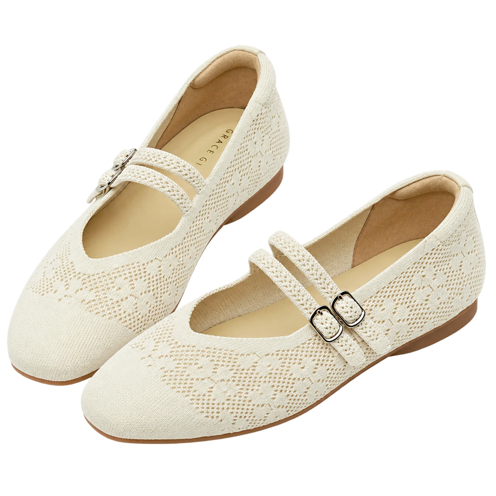GraceGift平價女鞋 零著感柔織雙帶平底瑪莉珍鞋 可機洗舒適女鞋
