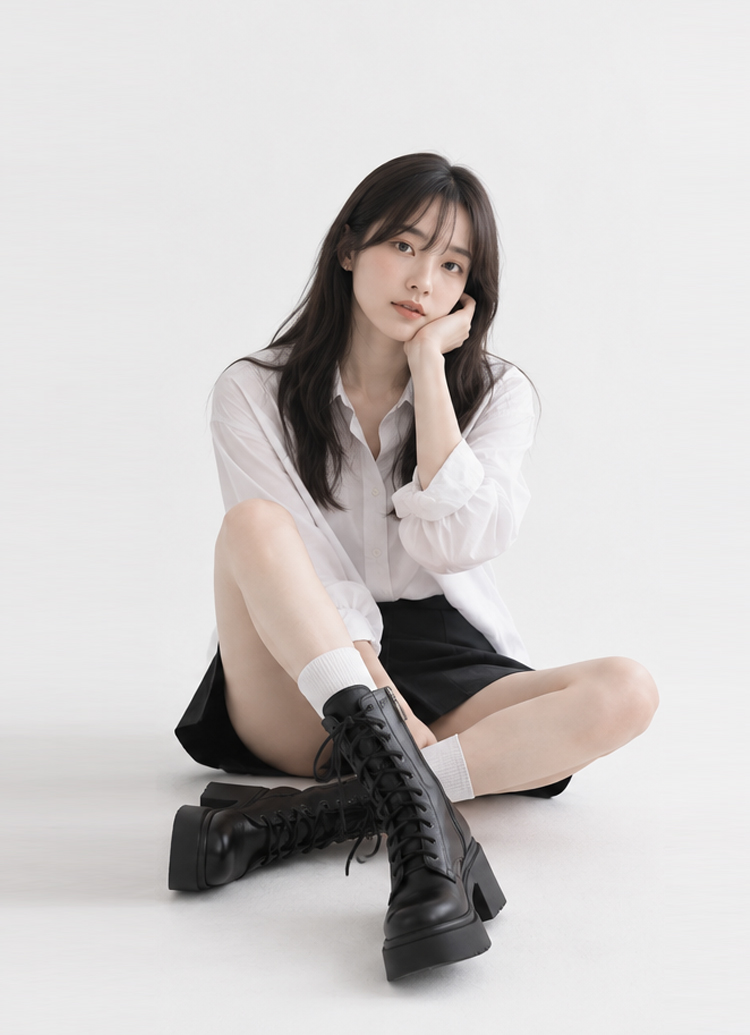 Grace Gift 平價女鞋 長腿歐膩 輕量綁帶短靴 黑色 厚底短靴 實拍圖