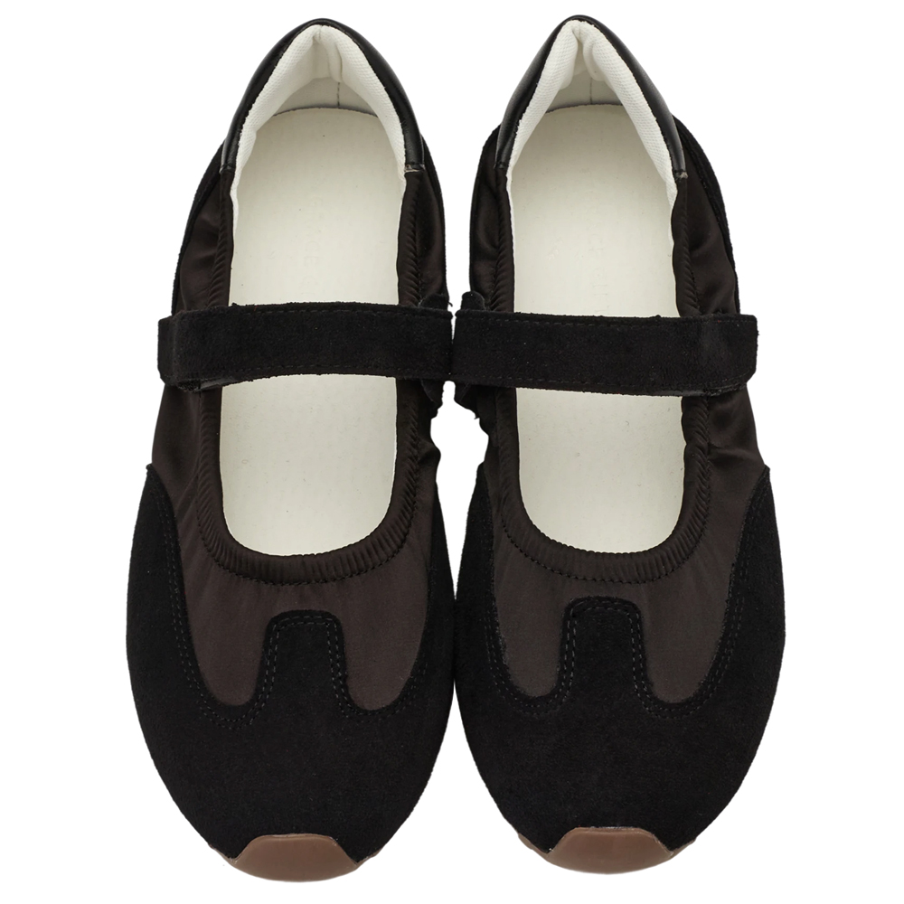 GraceGift平價女鞋 輕盈芭蕾 緞面拚接 芭蕾舞運動鞋 黑色