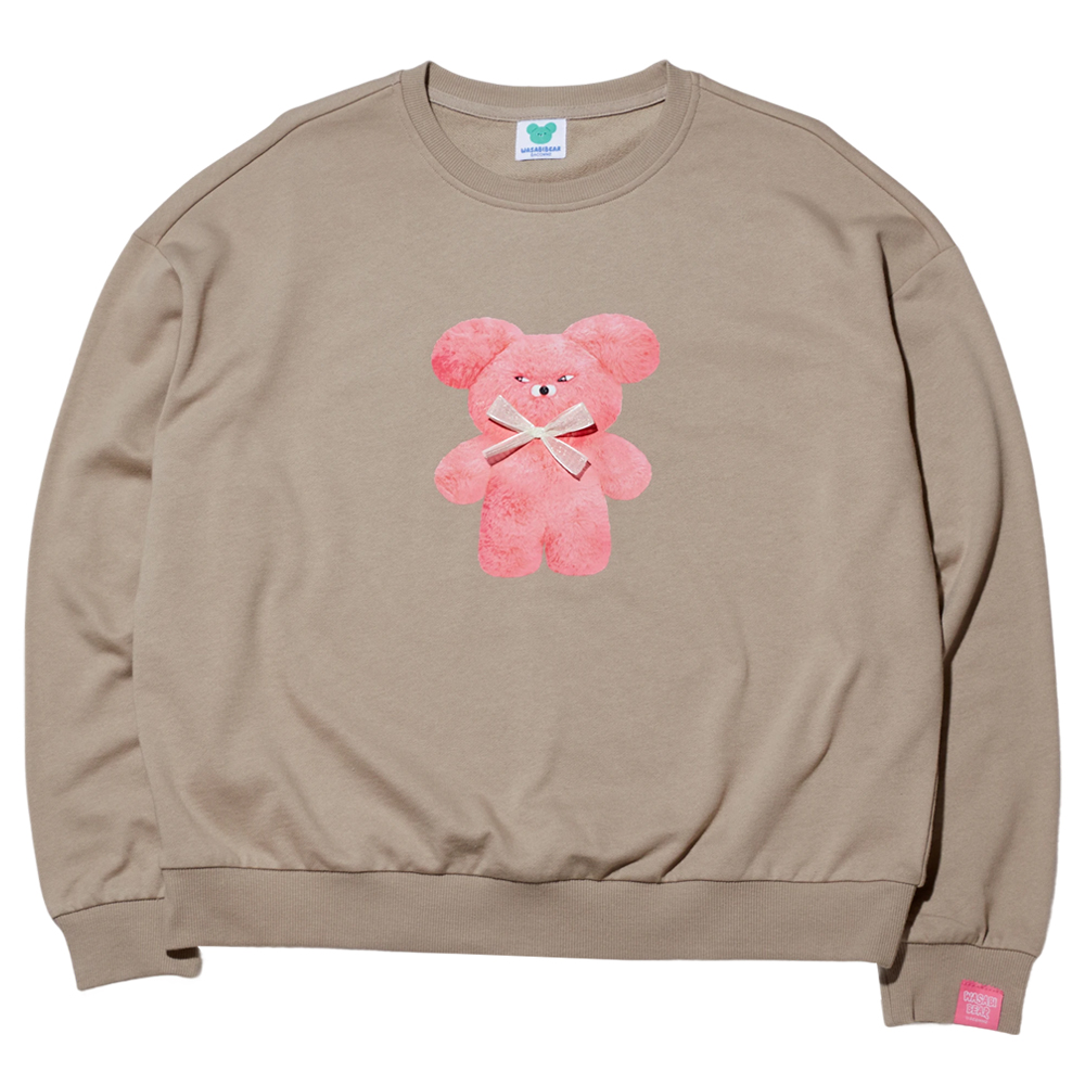 GraceGift Wasabi Bear聯名 粉芥末熊 蝴蝶結撞色印花大學T 卡其色 實拍圖