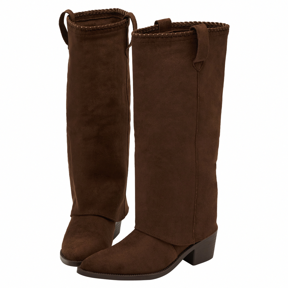 超模尖頭絨布2way可拆式褲管西部長靴 咖