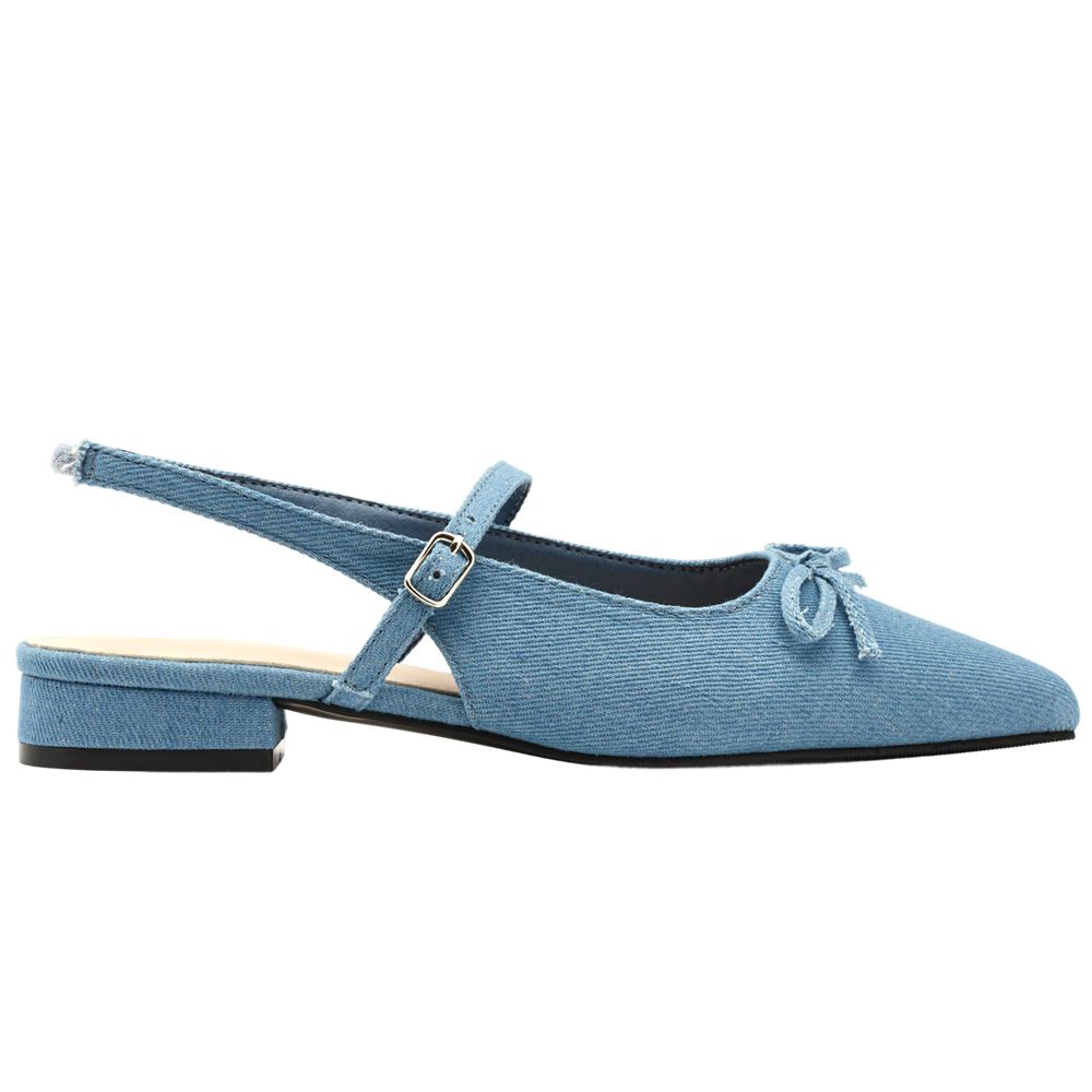 GraceGift 平價女鞋 法式尖頭 蝴蝶結後簍空芭蕾舞平底鞋 牛仔