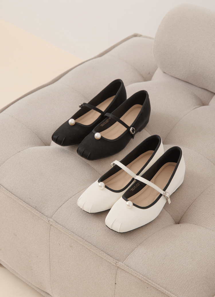 GraceGift平價女鞋 簡約珍珠 方頭撞色 內增高 瑪莉珍鞋 白色