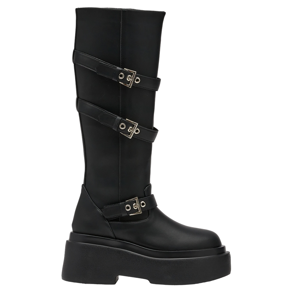 悅悅聯名-紐約街頭刷色扣環輕量厚底長靴 黑