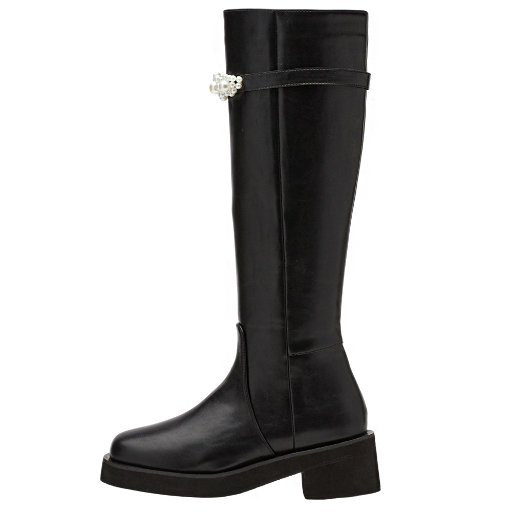 奕潔聯名-法式珠寶盒方頭2WAY珍珠顯瘦長靴 黑