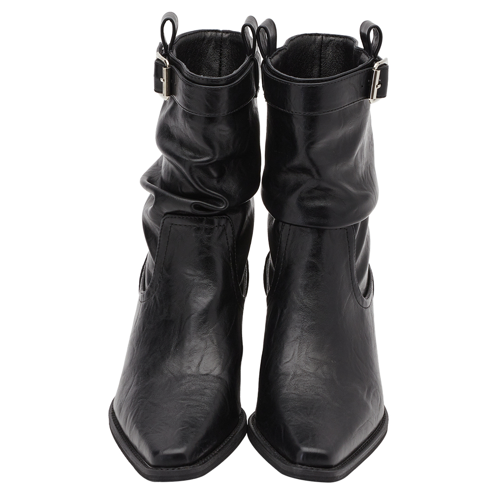 悅悅聯名-都會格調尖頭皮革2way堆堆低跟西部靴 黑