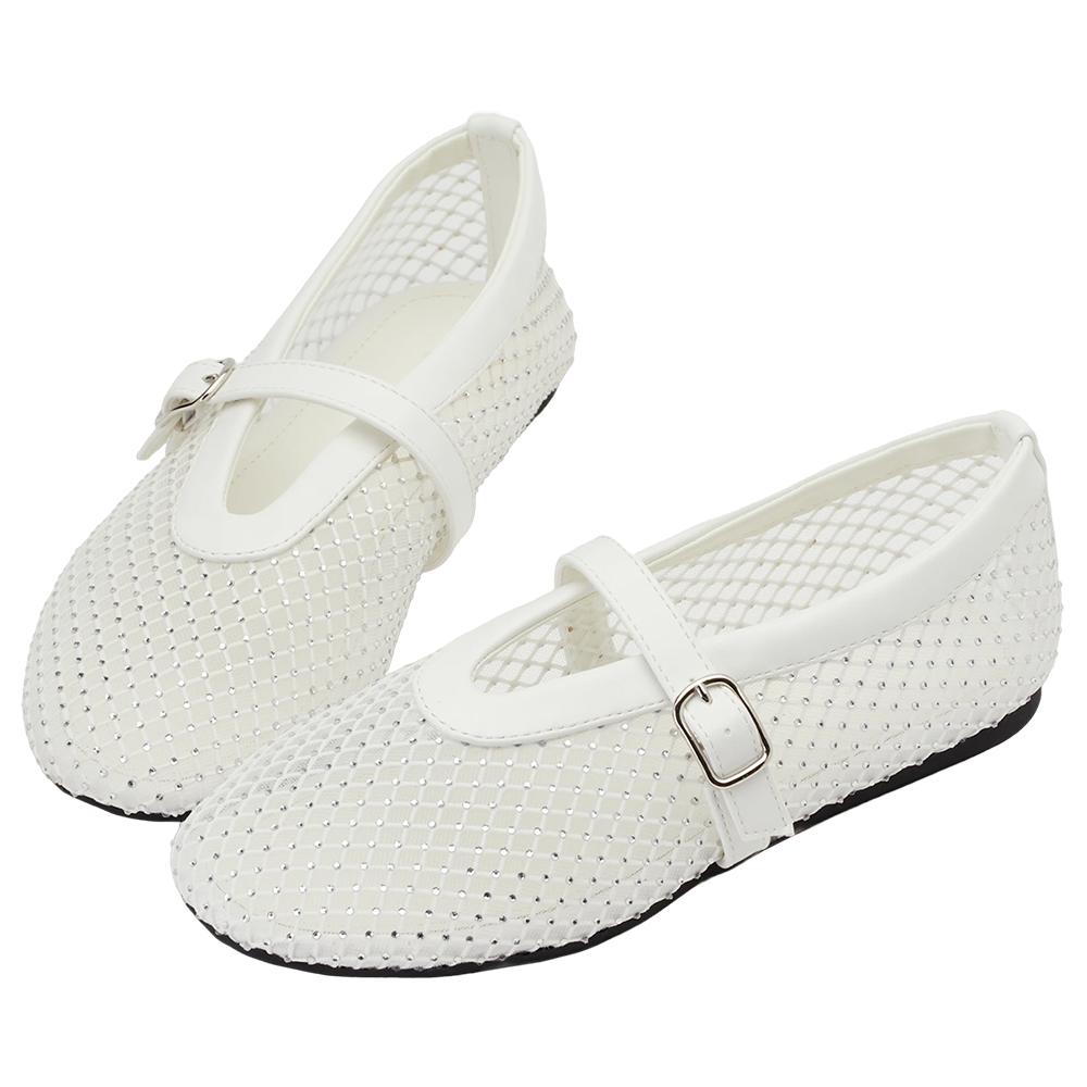 Grace Gift 平價女鞋 夢幻細鑽 編織網面瑪莉珍鞋 白色 平底瑪莉珍鞋 實拍圖