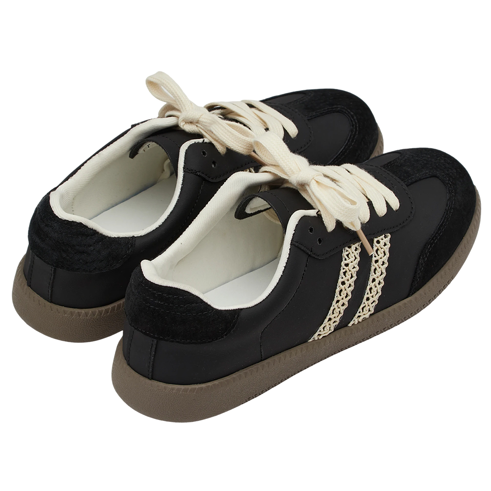 GraceGift 平價女鞋 復古摩登 真皮拼接薄底德訓鞋 附柔光紗帶 黑色 實品圖