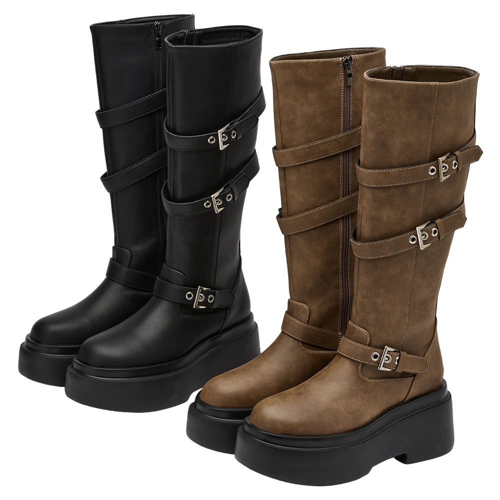 悅悅聯名-紐約街頭刷色扣環輕量厚底長靴 棕