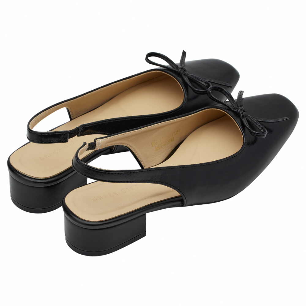 GraceGift平價女鞋 時尚秀場 方頭 韓系清新蝴蝶結後空跟鞋 黑色