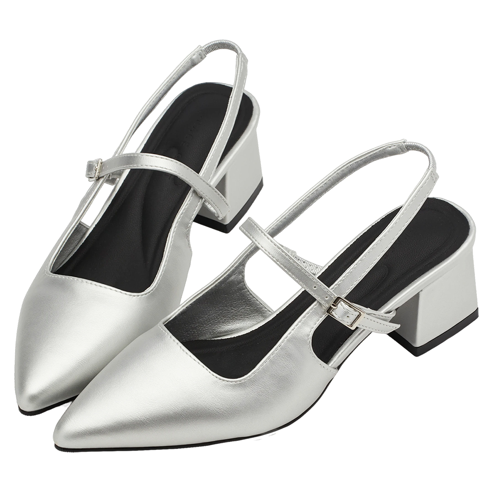 GraceGift平價女鞋 時尚秀場 尖頭  韓系尖頭通勤百搭後空低跟鞋 銀色