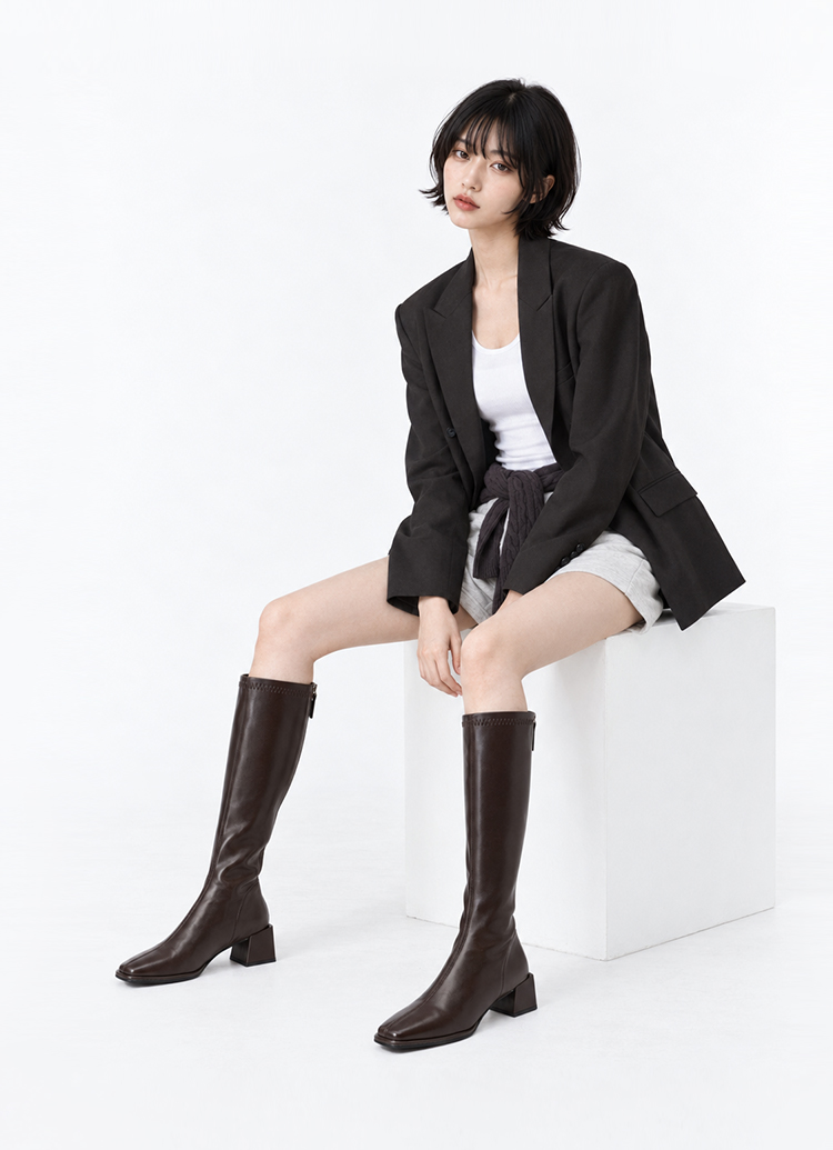 GraceGift平價女鞋 完美比例質感剪裁方頭低跟長筒靴 咖