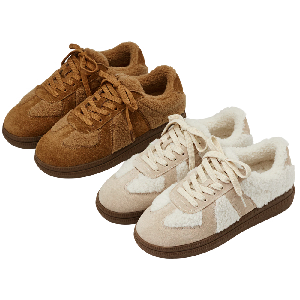 泰迪冬絨毛毛厚底德訓鞋 杏