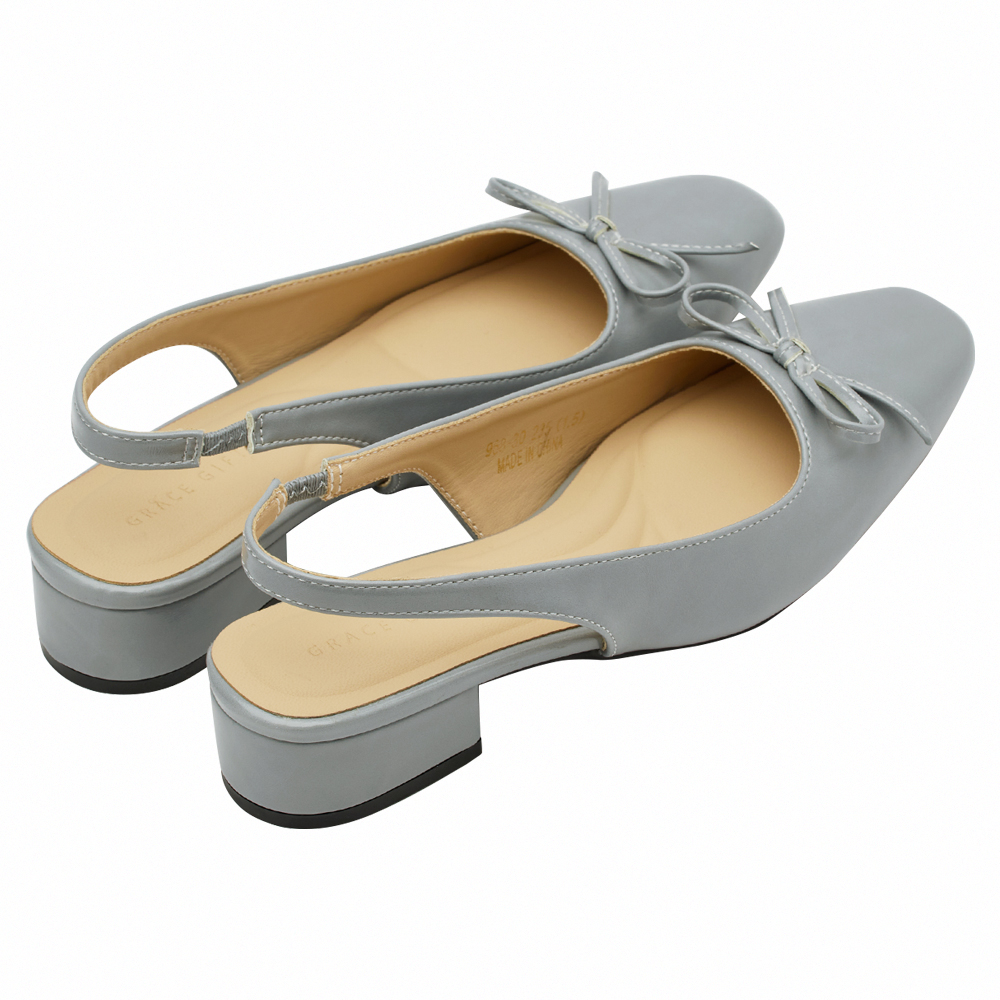 GraceGift平價女鞋 時尚秀場 方頭 韓系清新蝴蝶結後空跟鞋 藍灰色