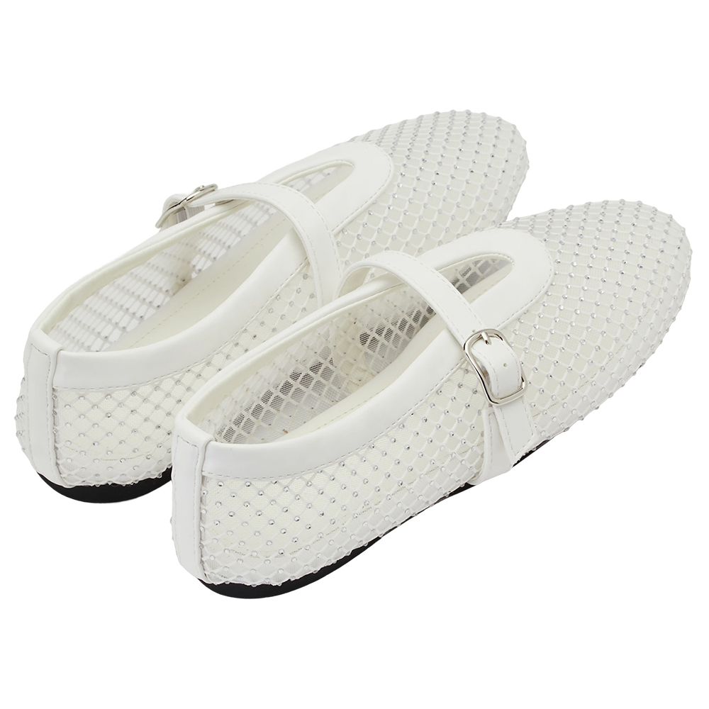 Grace Gift 平價女鞋 夢幻細鑽 編織網面瑪莉珍鞋 白色 平底瑪莉珍鞋 實拍圖