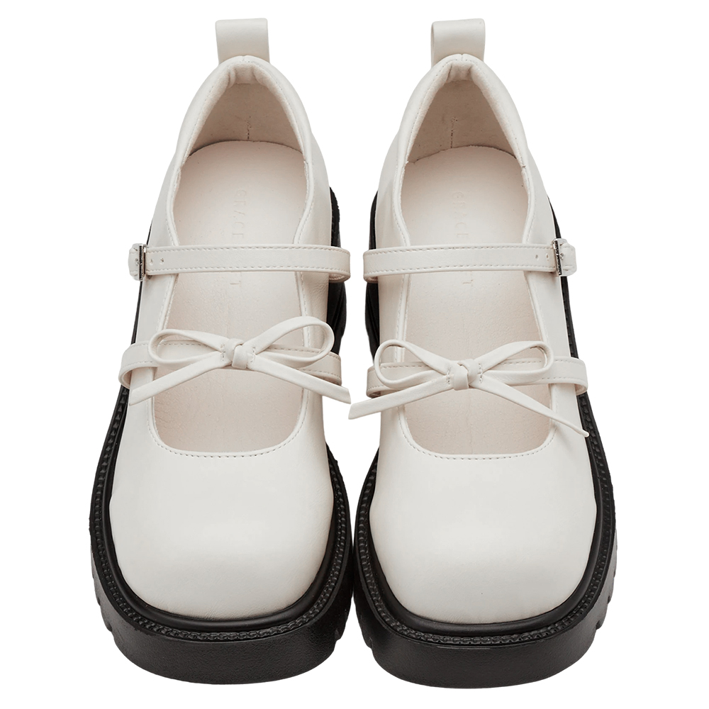 韓系方頭蝴蝶結雙帶輕量瑪莉珍鞋 米白