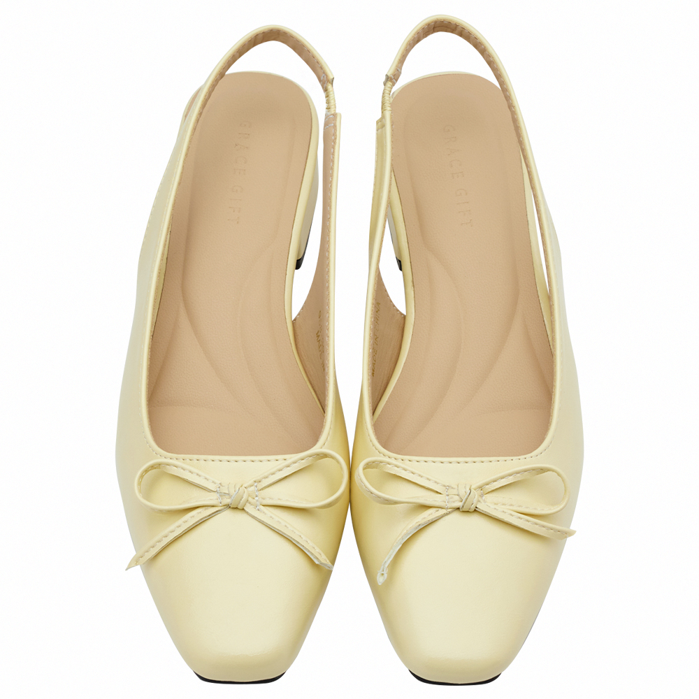 GraceGift平價女鞋 時尚秀場 方頭 韓系清新蝴蝶結後空跟鞋 黃色