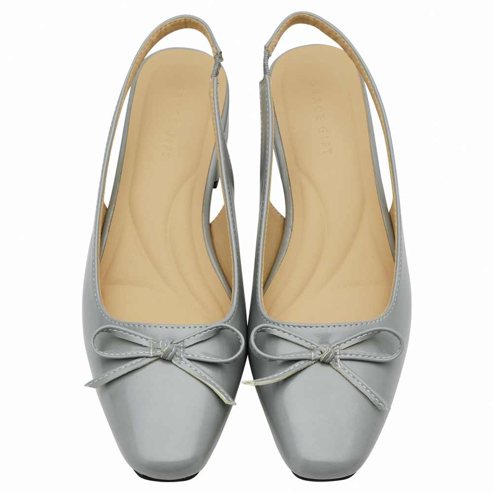 GraceGift平價女鞋 時尚秀場 方頭 韓系清新蝴蝶結後空跟鞋 藍灰色