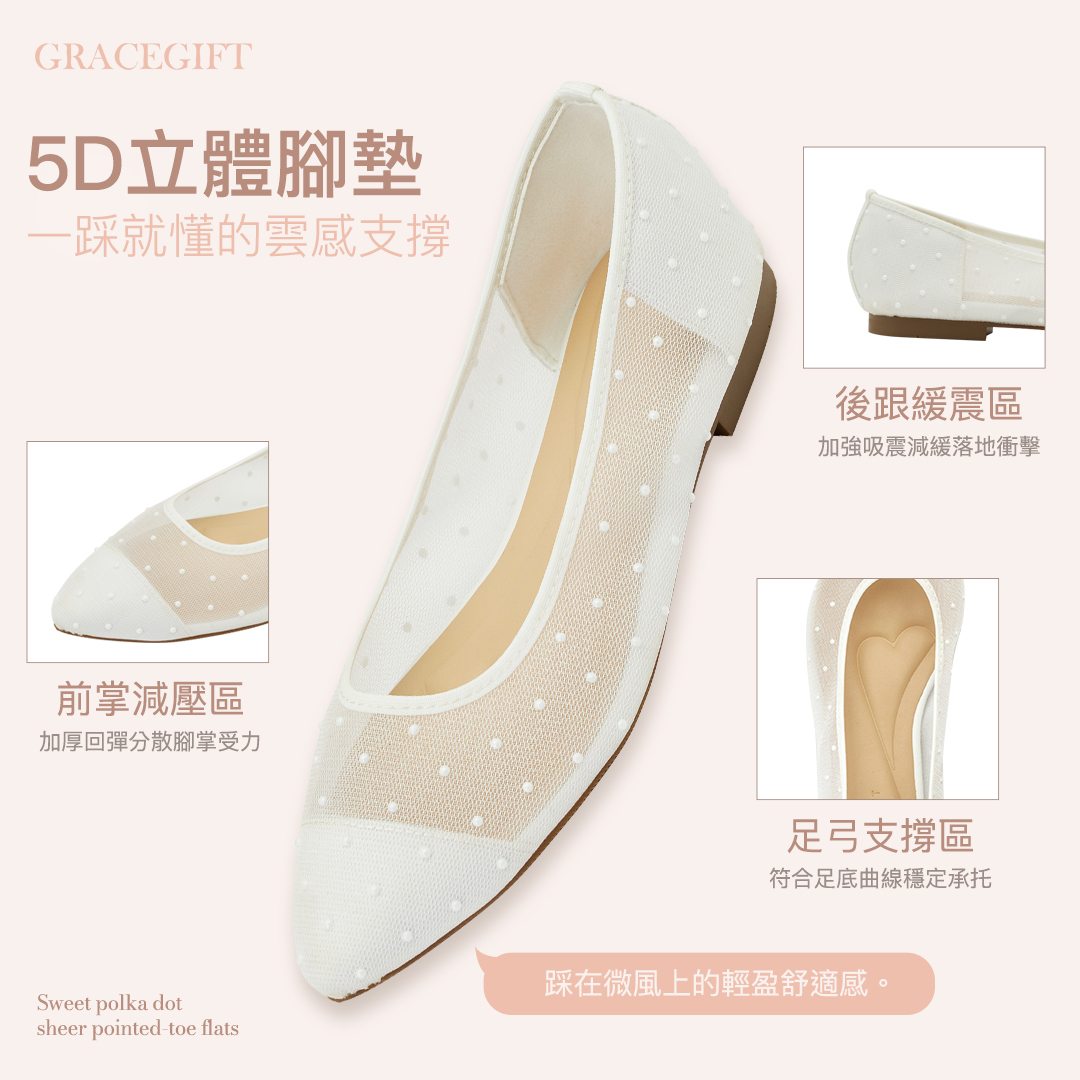 GraceGift平價女鞋 時尚秀場 尖頭 巴黎珠點網紗平底娃娃鞋 黑色