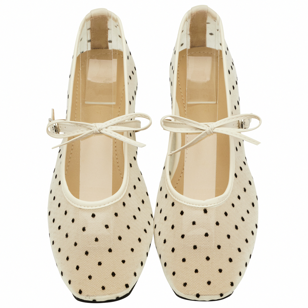 GraceGift平價女鞋 日系水玉 蝴蝶結網紗 內增高瑪莉珍鞋 米白色