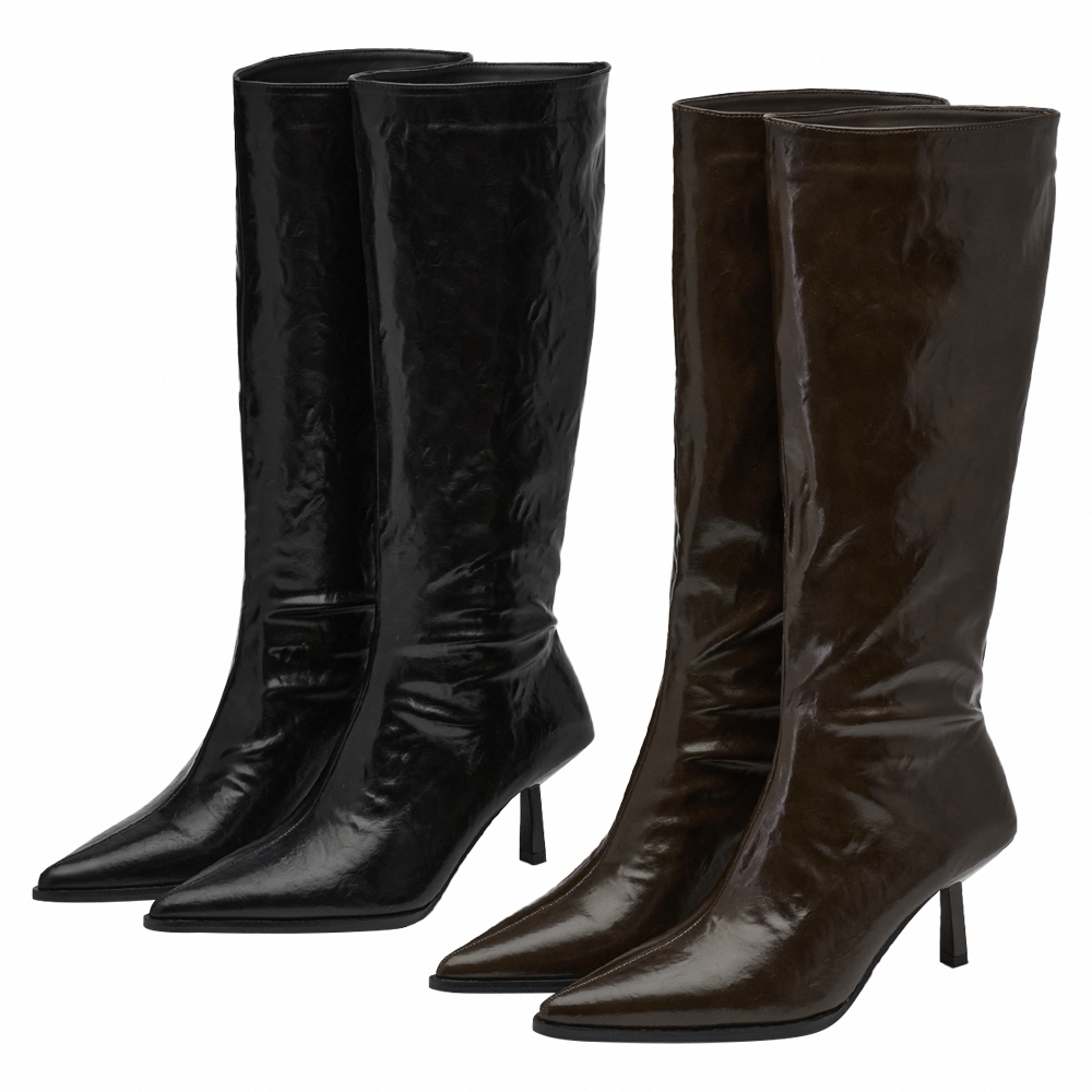 悅悅聯名-高級冷感漆皮尖頭細跟及膝長靴 咖