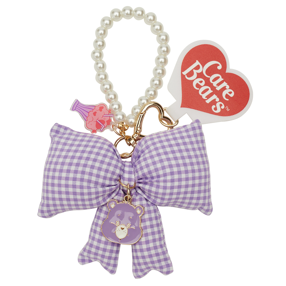 GraceGift CareBears聯名 分享小熊 Ribbon系列 格紋蝴蝶結珍珠手機鍊 紫
