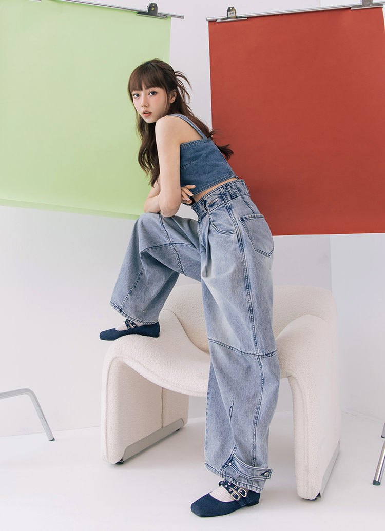 Grace Gift 李柔聯名 甜酷序曲 方頭金屬雙帶芭蕾舞瑪莉珍鞋 牛仔色