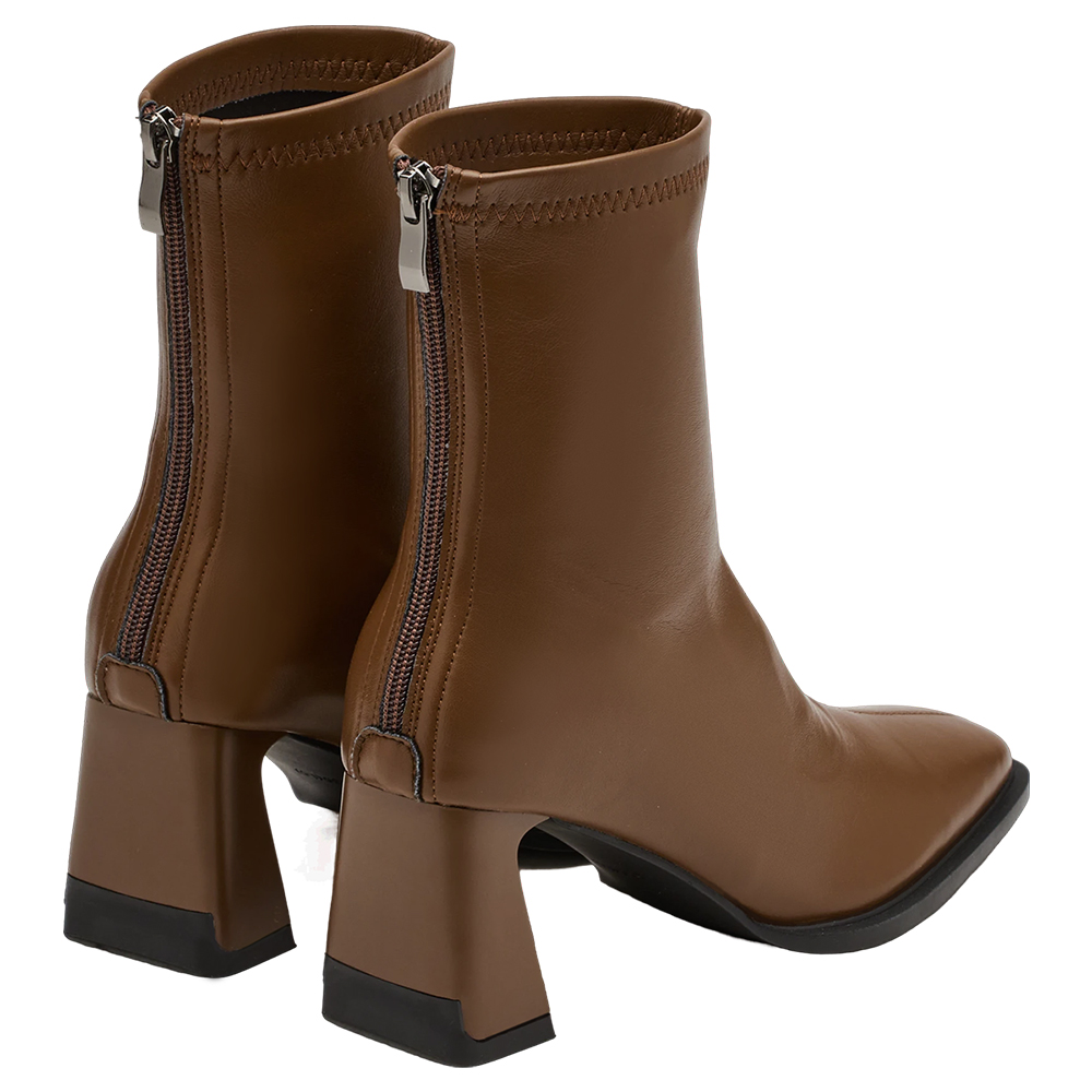 時髦歐膩方頭後拉鍊車線高跟襪靴 咖