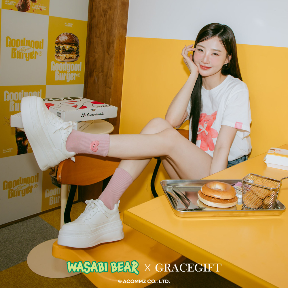 GraceGift Wasabi Bear聯名 芥末熊 粉芥末熊螺紋電繡中筒襪 粉色