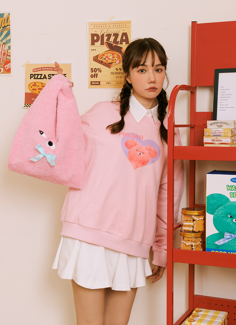 Grace Gift Wasabi Bear 聯名 粉芥末熊 絨毛蝴蝶結手提袋 粉紅色 可愛提袋 實拍圖