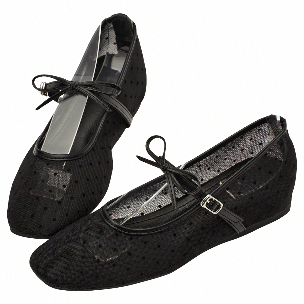 GraceGift平價女鞋 日系水玉 蝴蝶結網紗 內增高瑪莉珍鞋 黑色