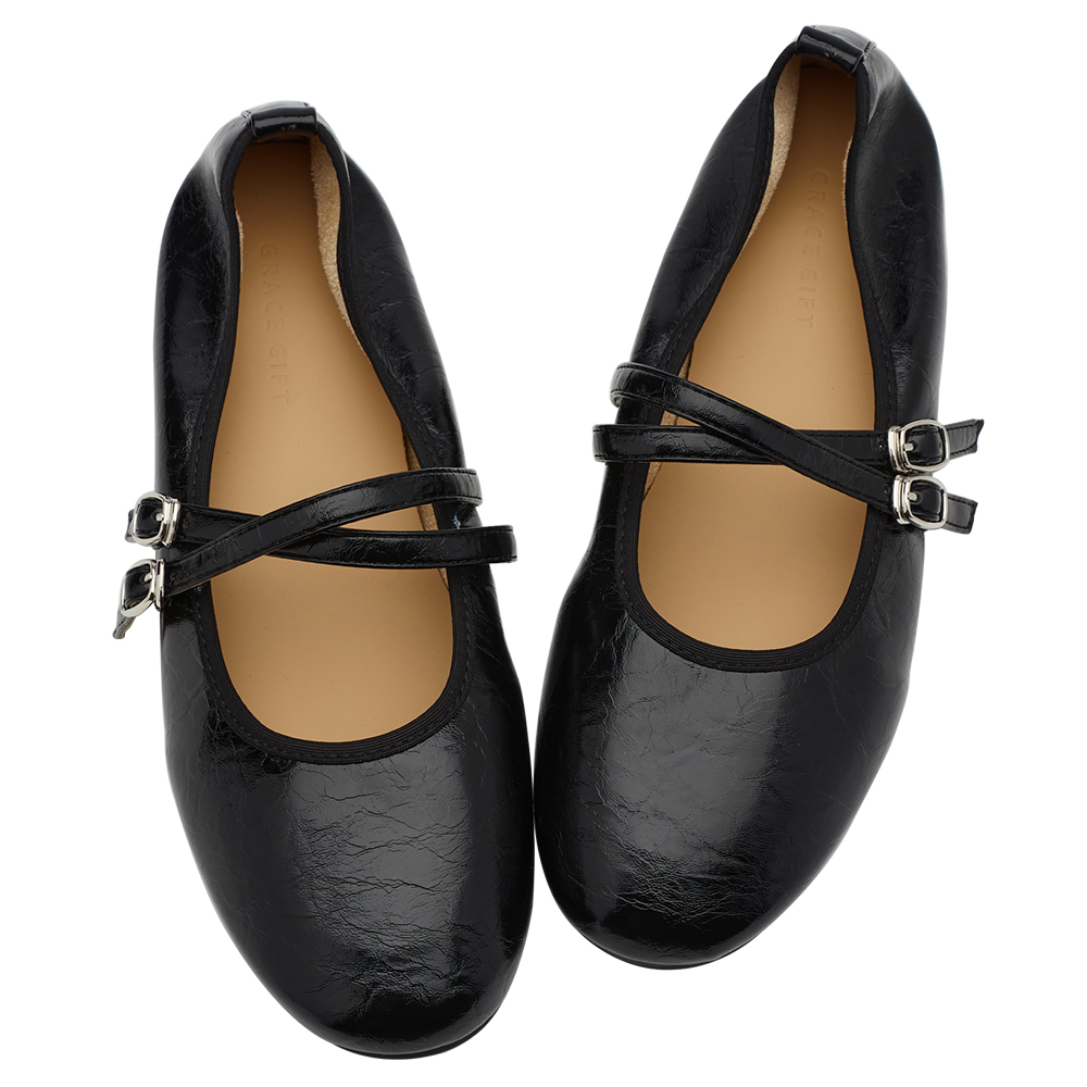 GraceGift平價女鞋 時尚秀場 圓頭 奶油雲朵極軟加厚乳膠芭蕾瑪莉珍鞋 黑色