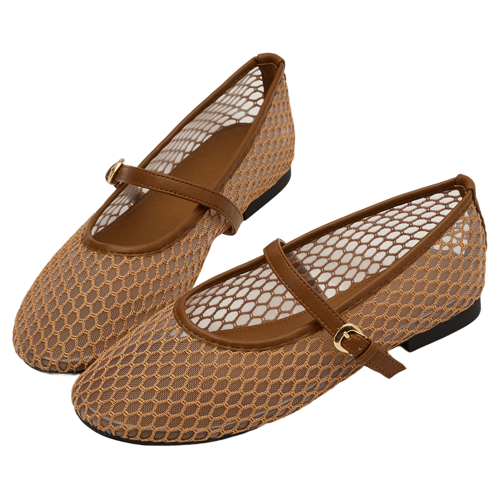 GraceGift平價女鞋 名人時尚 透膚網面 平底瑪莉珍鞋 棕色