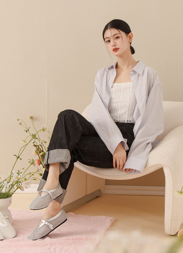 Grace Gift 平價女鞋 夢幻細鑽 編織網面瑪莉珍鞋 銀色 平底瑪莉珍鞋 實拍圖