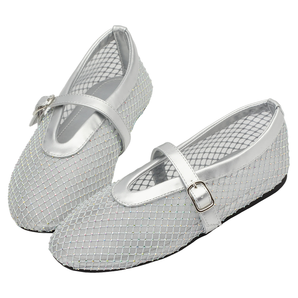 Grace Gift 平價女鞋 夢幻細鑽 編織網面瑪莉珍鞋 銀色 平底瑪莉珍鞋 實拍圖