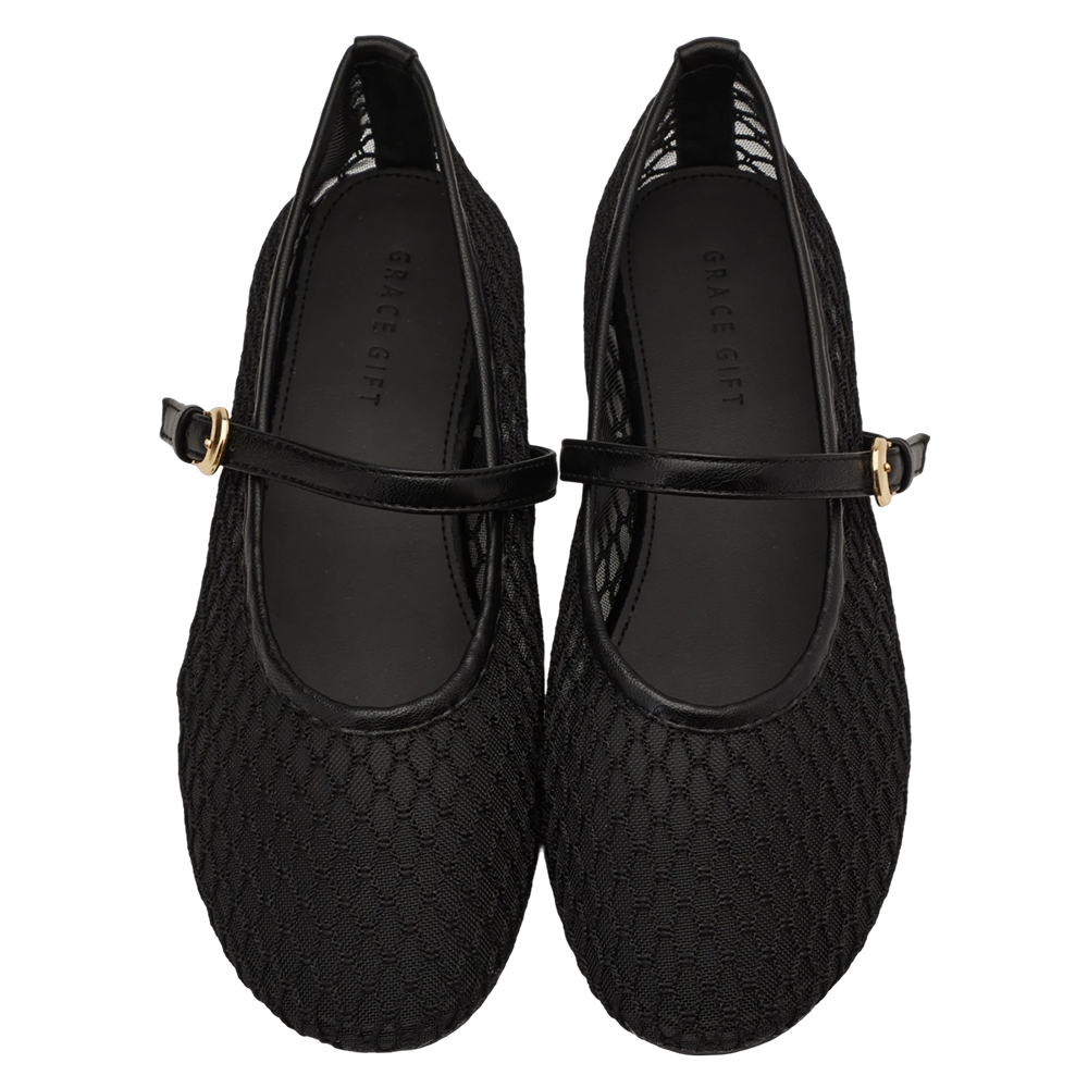 GraceGift平價女鞋 名人時尚 透膚網面 平底瑪莉珍鞋 黑色