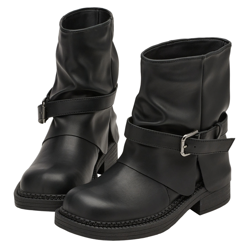 前衛時尚皮帶扣皺褶寬筒褲管短靴 黑