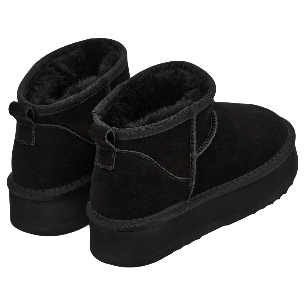 經典百搭牛麂皮羊毛短筒厚底雪靴 黑