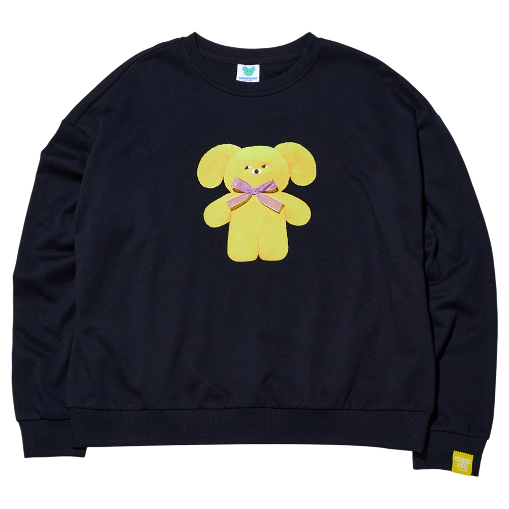 GraceGift Wasabi Bear聯名 黃芥末熊 蝴蝶結撞色印花大學T 黑色 實拍圖