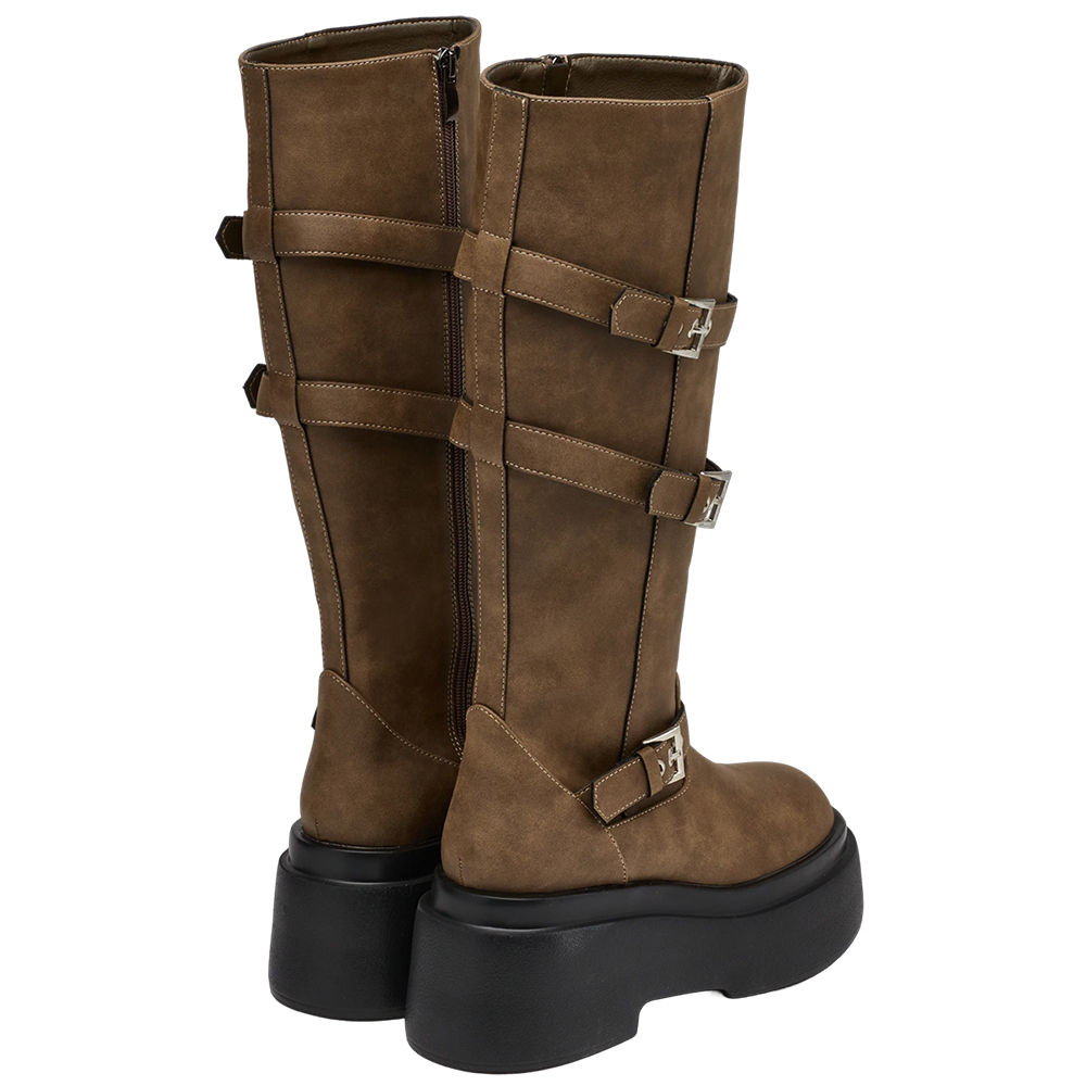 悅悅聯名-紐約街頭刷色扣環輕量厚底長靴 棕