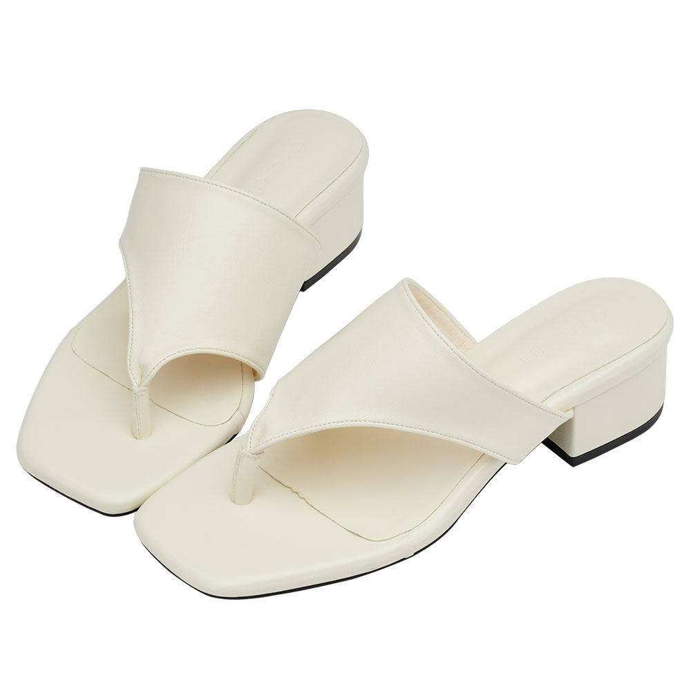 GraceGift 平價女鞋 時尚秀場 方頭 極簡美學柔感人字中跟拖鞋 米白色