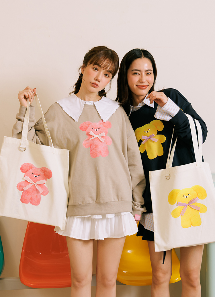 GraceGift Wasabi Bear聯名 粉芥末熊 立體蝴蝶結印花日常帆布包 粉色 實拍圖